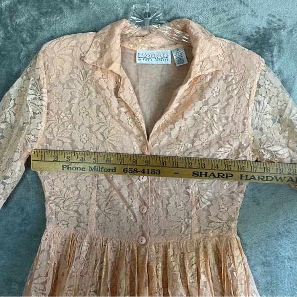 Vintage 90s Passports Pier 1 Pink Lace Midi Dress Medium Cottagecore Dainty - Picture 12 of 15